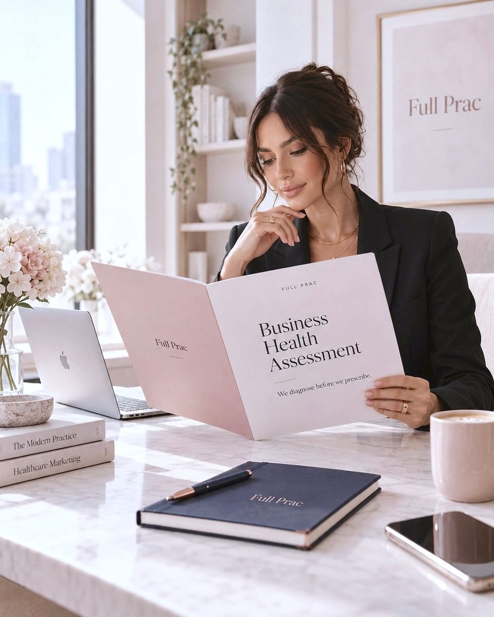 Full Prac Business Health Assessment report being reviewed at a desk